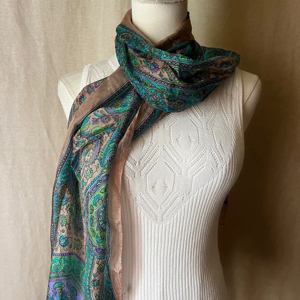 Vintage Pure Silk Paisley Scarf India Teal Purple Green Brown 18x66